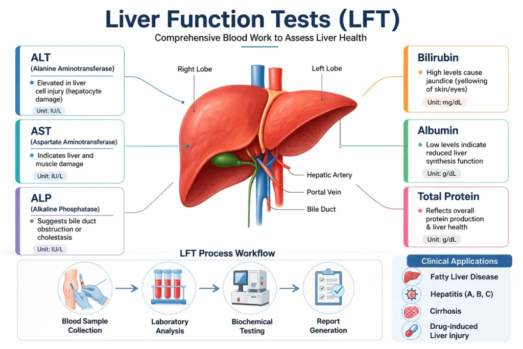 Medical infographic titled “Liver Function Tests (LFT)” showing a central anatomical illustration of the human liver with labeled parts including right lobe, left lobe, hepatic artery, portal vein, and bile duct. Surrounding the liver are labeled boxes explaining key test parameters: ALT (elevated in liver cell injury), AST (indicates liver and muscle damage), ALP (suggests bile duct obstruction), bilirubin (high levels cause jaundice), albumin (low levels indicate reduced liver function), and total protein (reflects overall liver health). The bottom section displays a step-by-step workflow: blood sample collection, laboratory analysis, biochemical testing, and report generation. A side panel lists clinical applications including fatty liver disease, hepatitis, cirrhosis, and drug-induced liver injury. Clean white background with a professional medical layout.