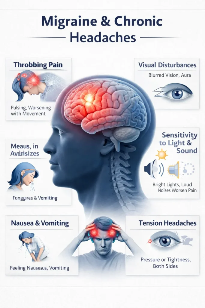 Migraine and chronic headache symptoms infographic at Cheema Medical Complex Neurology Department Mohali. Symptoms include throbbing pain that worsens with movement, visual disturbances like blurred vision and aura, nausea and vomiting, sensitivity to light and sound, and tension headaches causing pressure on both sides of the head.